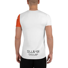 Load image into Gallery viewer, Rear view of a man wearing the Technical Trainer Swivel Bottle shirt. The shirt features the Swivel Bottle text logo on the bottom and an orange left sleeve.