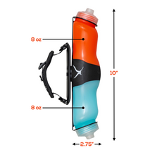 Load image into Gallery viewer, Side view of the Classic Swivel Bottle, indicating that it's ten inches in height, 2.75 inches in width and highlighting the two flasks can hold 8 ounces of liquid.