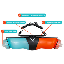 Load image into Gallery viewer, The Classic Swivel Bottle shown with labeled callouts highlighting key features: adjustable and removable hand strap, smooth swivel mechanism, ergonomic hand grip, and leak-proof caps.