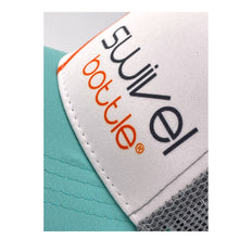 Load image into Gallery viewer, Close-up view of the Swivel Bottle Technical Trucker hat, zoomed-in on the Swivel Bottle text logo