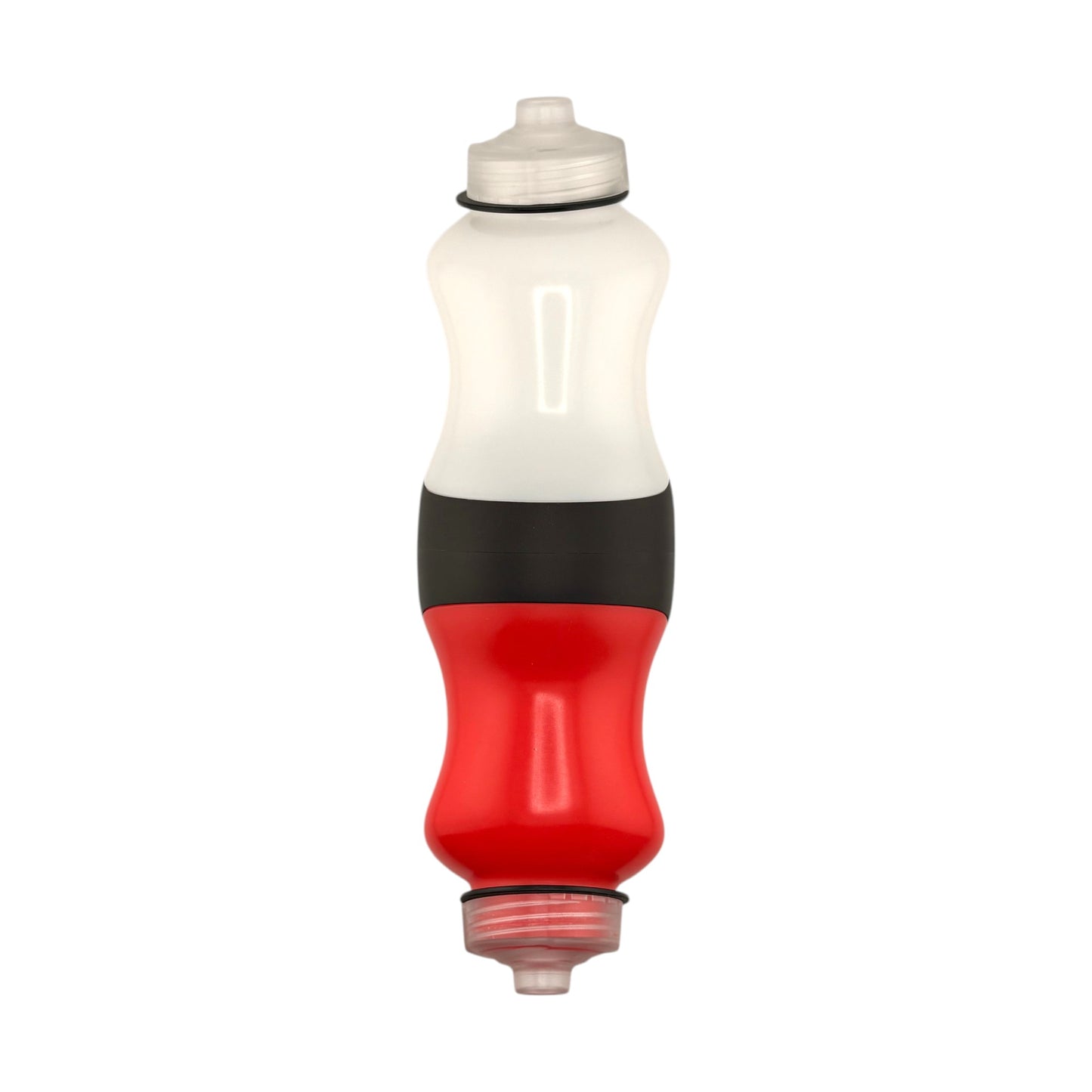 Red and white bottle on a white background.