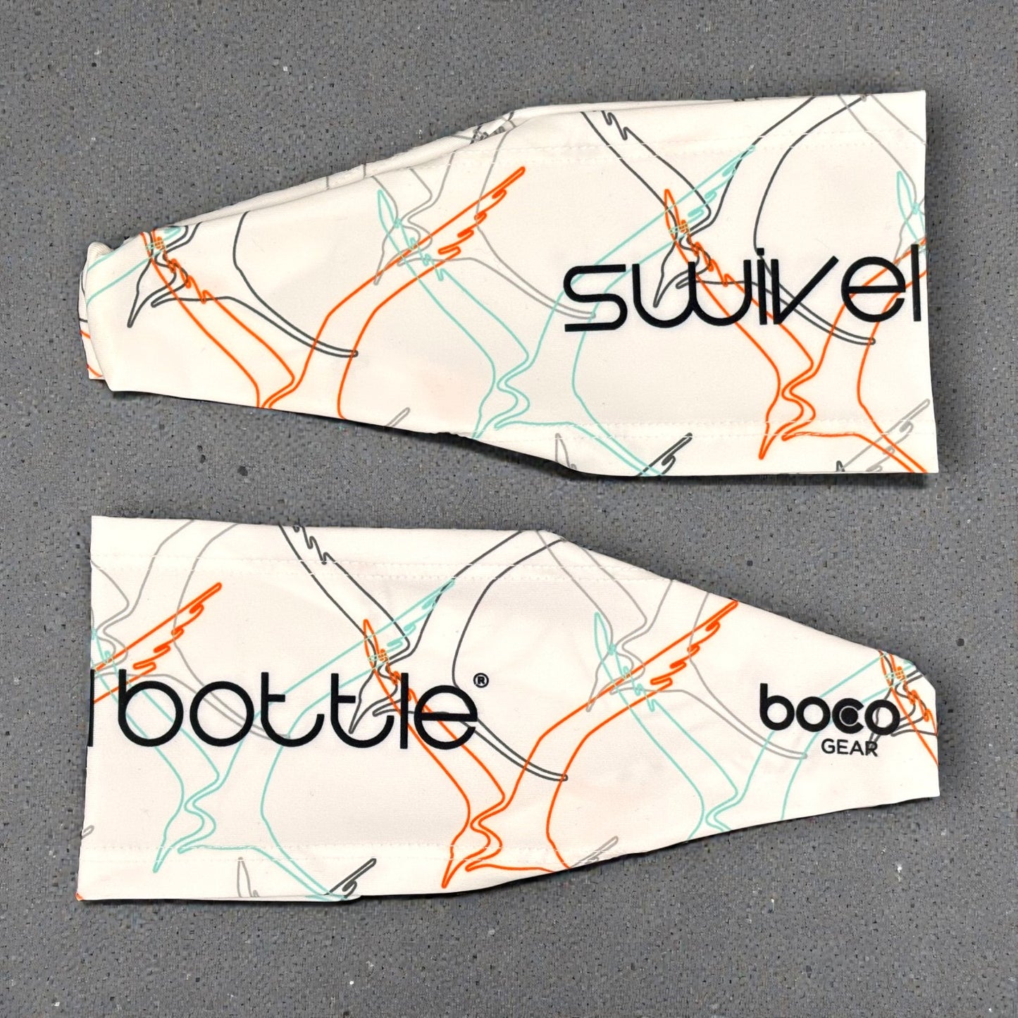 Two branded headbands with 'swivel', 'bottle', and 'boco gear' logos on a gray background.