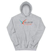 Load image into Gallery viewer, Swivel Bottle unisex hoodie in light gray, featuring the Swivel Bottle text and logo on the front.