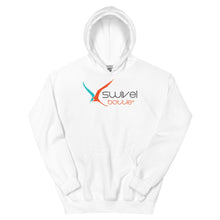 Load image into Gallery viewer, Swivel Bottle unisex hoodie in white, featuring the Swivel Bottle text and logo on the front.
