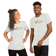 Load image into Gallery viewer, Man and woman both wearing the light gray unisex t-shirt with the Swivel Bottle text and logo on the front.