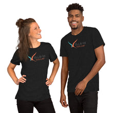Load image into Gallery viewer, Man and woman both wearing the black unisex t-shirt with the Swivel Bottle text and logo on the front.