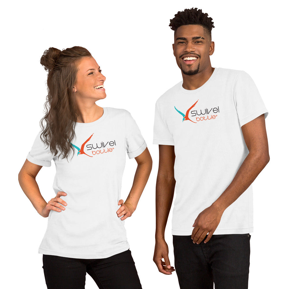 Man and woman both wearing the white unisex t-shirt with the Swivel Bottle text and logo on the front.