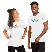 Load image into Gallery viewer, Man and woman both wearing the white unisex t-shirt with the Swivel Bottle text and logo on the front.