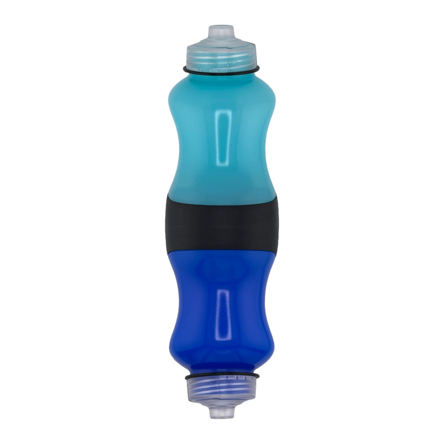Light blue and royal blue bottle on a white background.
