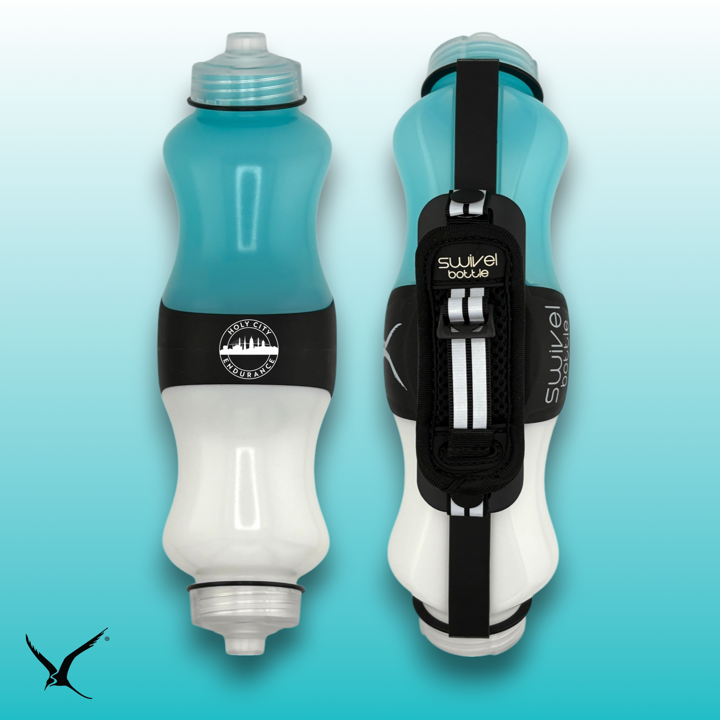A teal and white HCE (Holy City Endurance) Swivel Bottle designed for sports hydration, featuring a rotating mechanism to select between two different drinks.