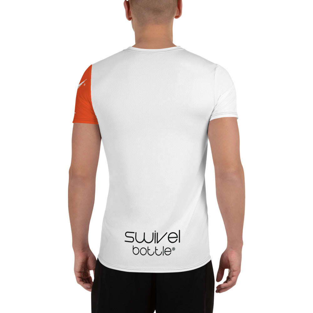 Rear view of a man wearing the Technical Trainer Swivel Bottle shirt. The shirt features the Swivel Bottle text logo on the bottom and an orange left sleeve.