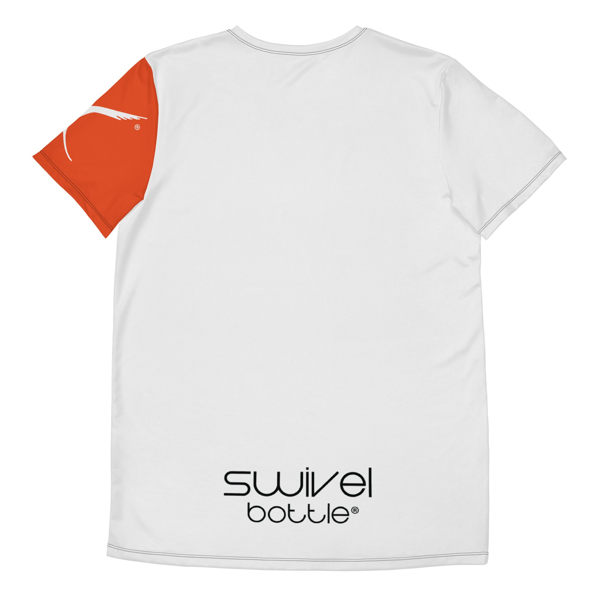Rear view of the Swivel Bottle Technical Trainer shirt, featuring Swivel Bottle text logo on the bottom and an orange sleeve with the brand's logo.