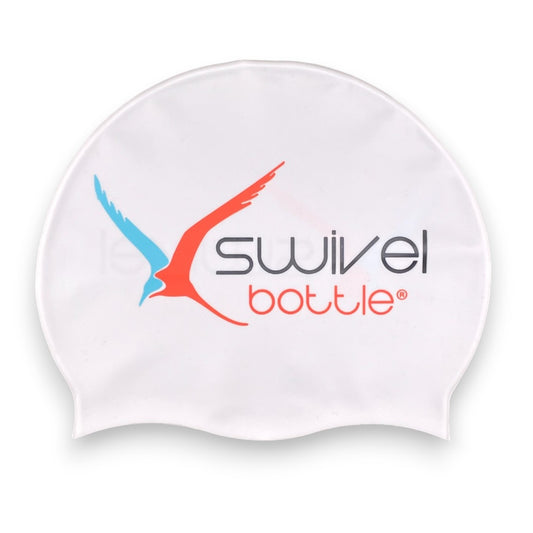 Swivel Bottle branded white silicon swim cap. 