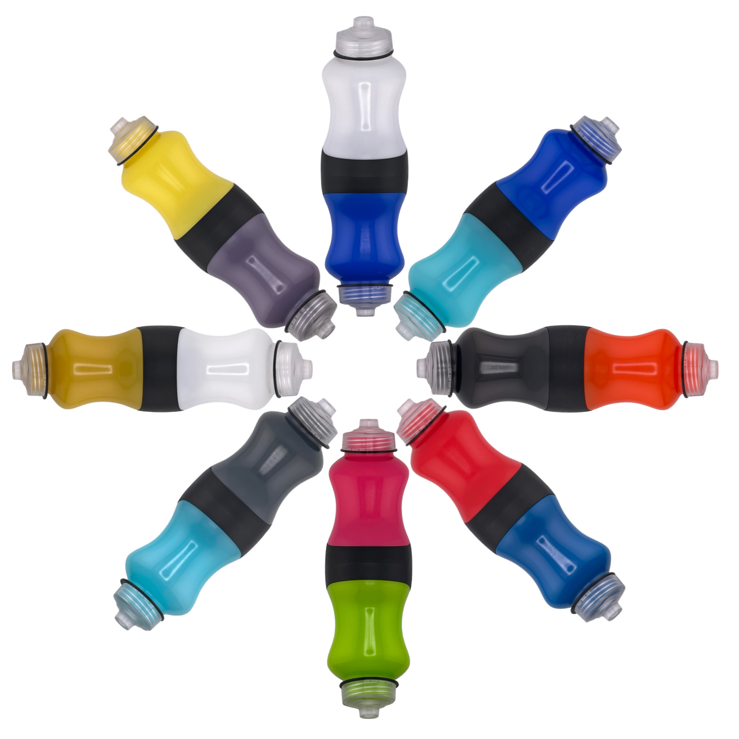 Colorful water bottles arranged in a circular pattern on a white background