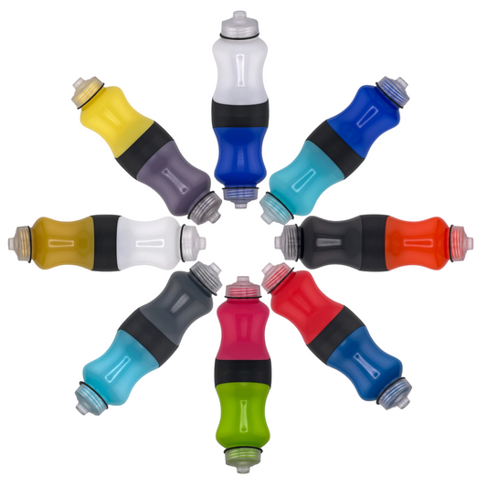 Colorful water bottles arranged in a circular pattern on a white background