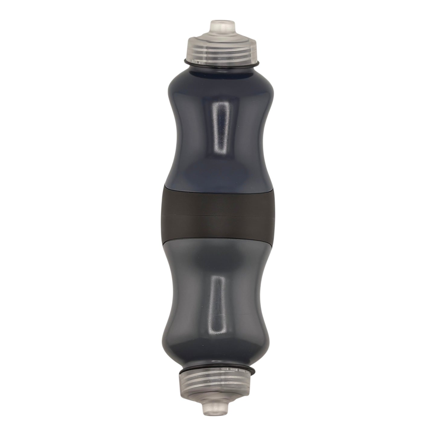 Black and gray water bottle on a white background