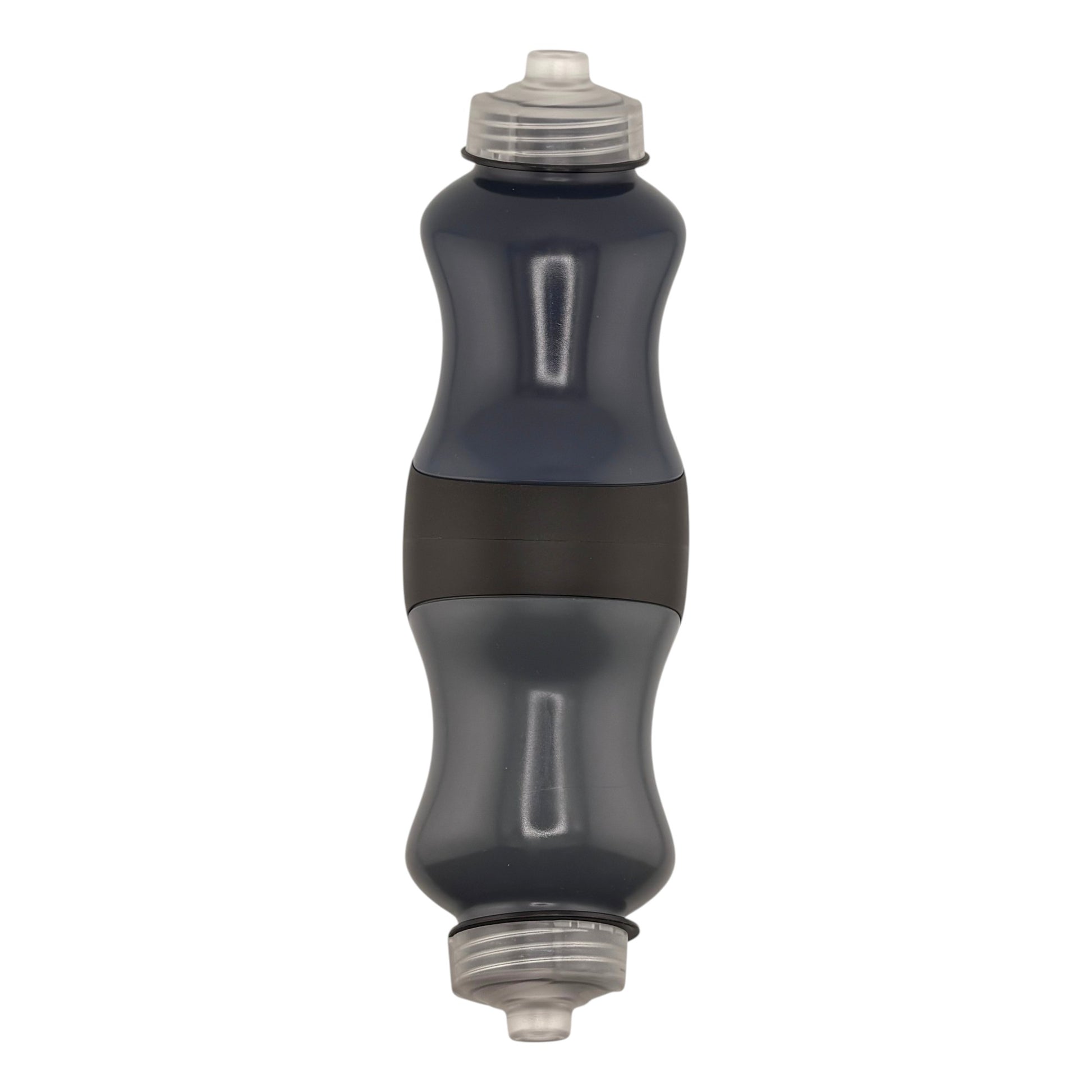 Black and gray water bottle on a white background