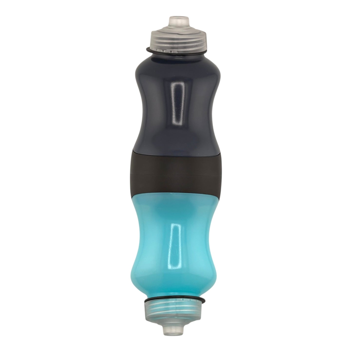 Dark blue and light blue bottle on a white background.