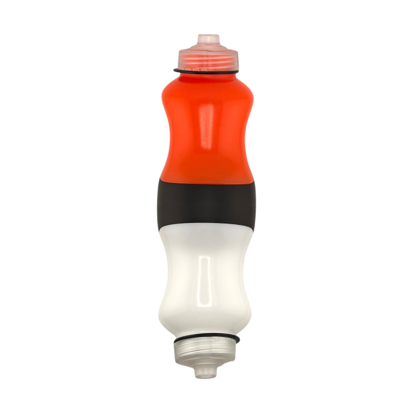 Multicolored water bottle with black, orange, and white design on a white background