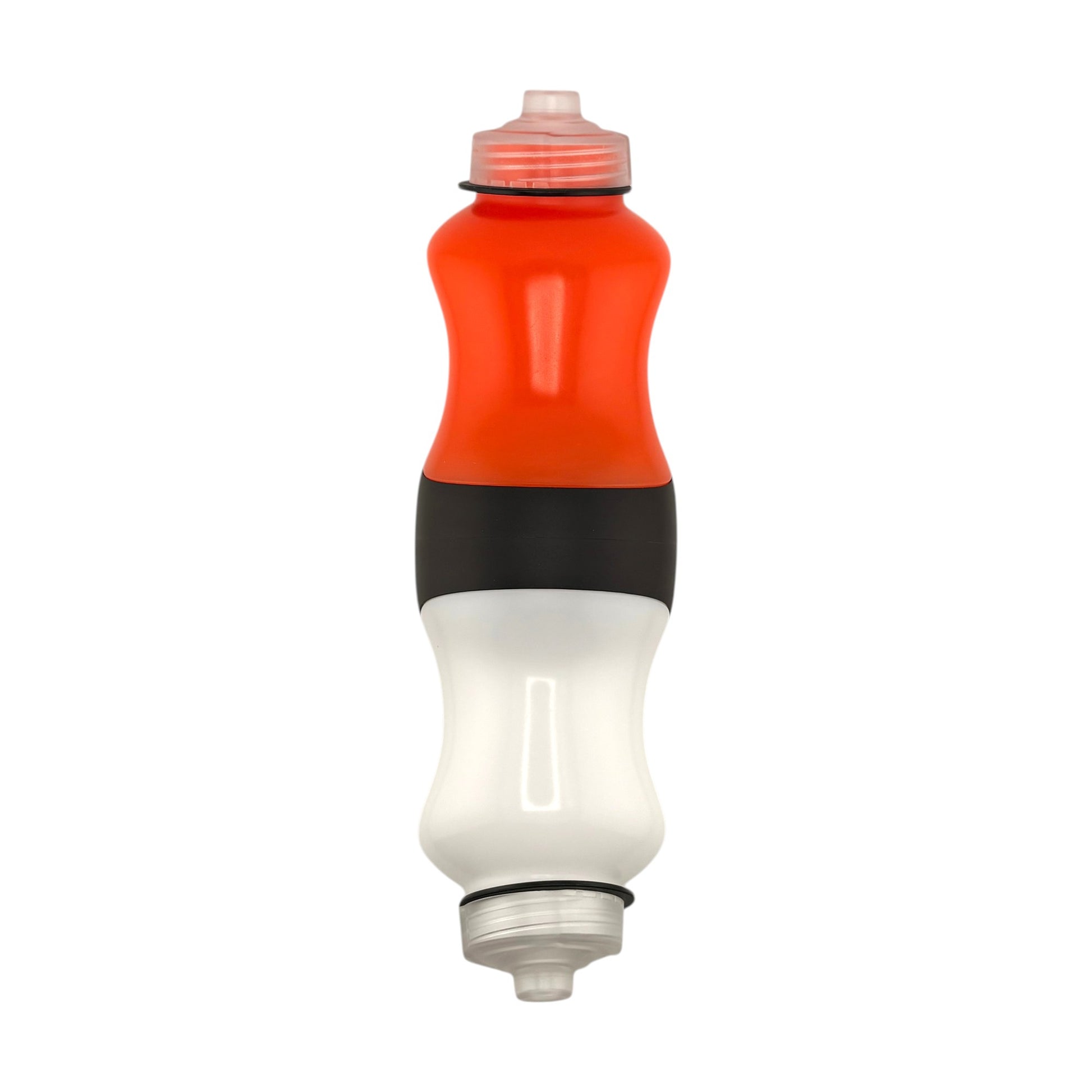 Multicolored water bottle with black, orange, and white design on a white background