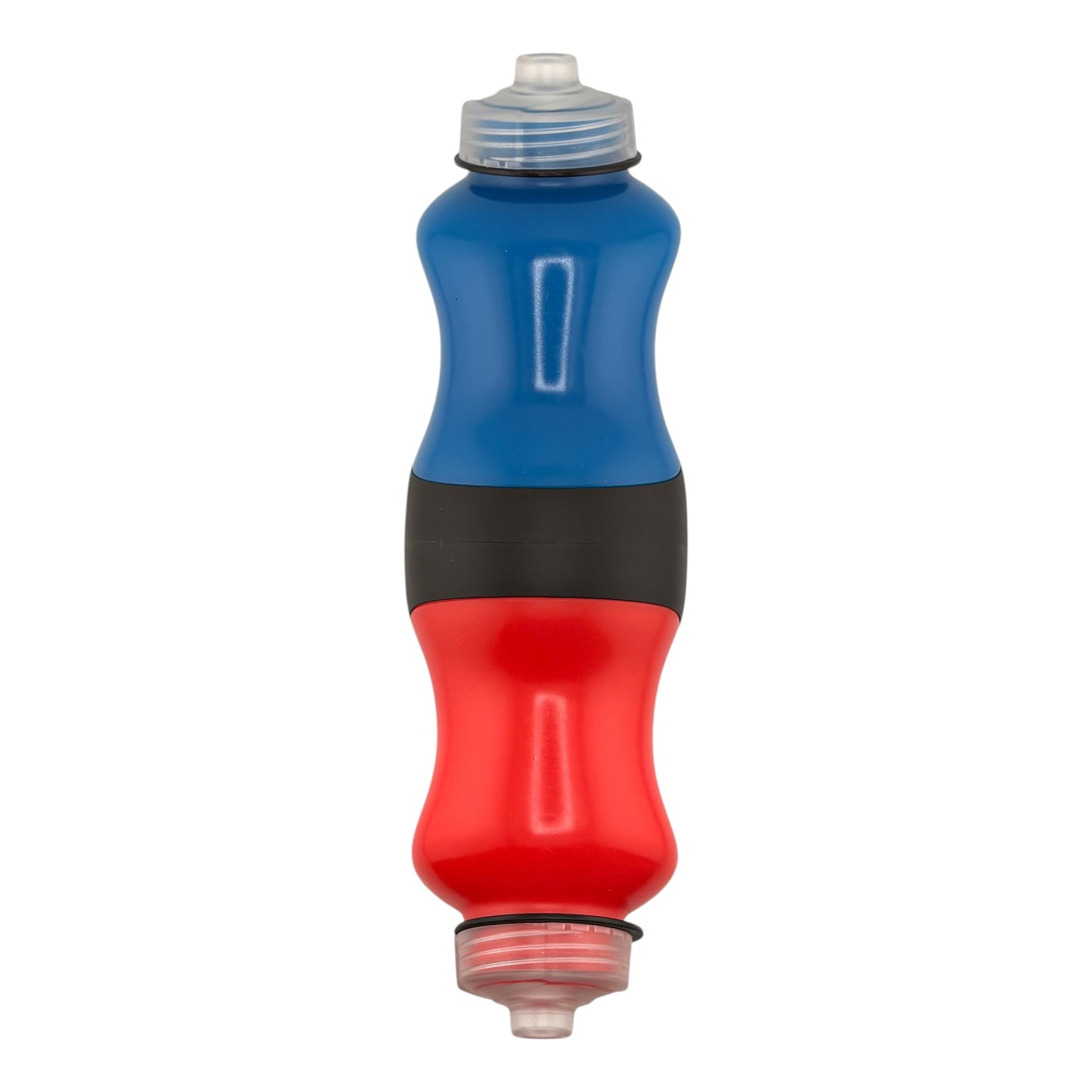 Blue and red bottle on a white background.