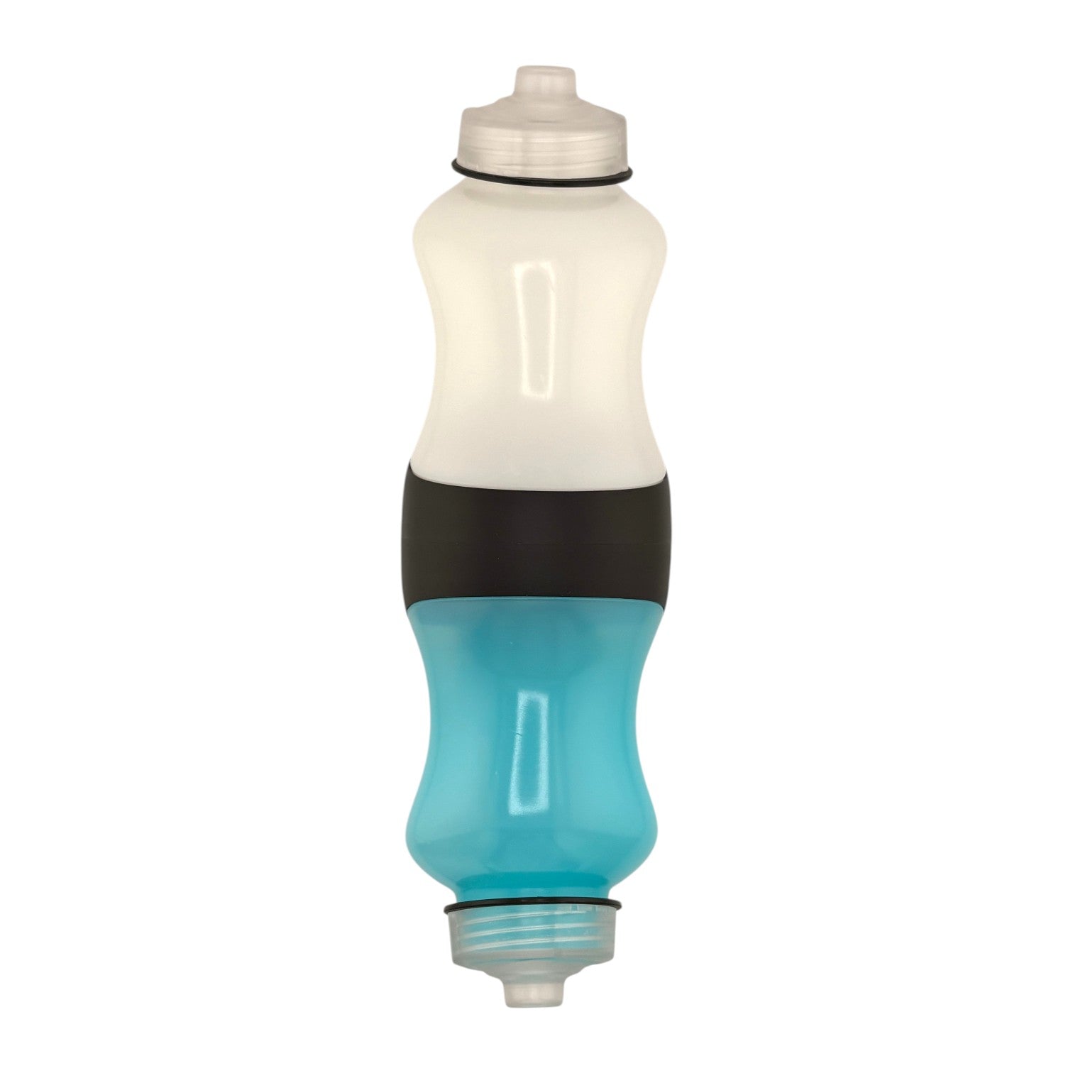 Blue and white bottle on a white background.