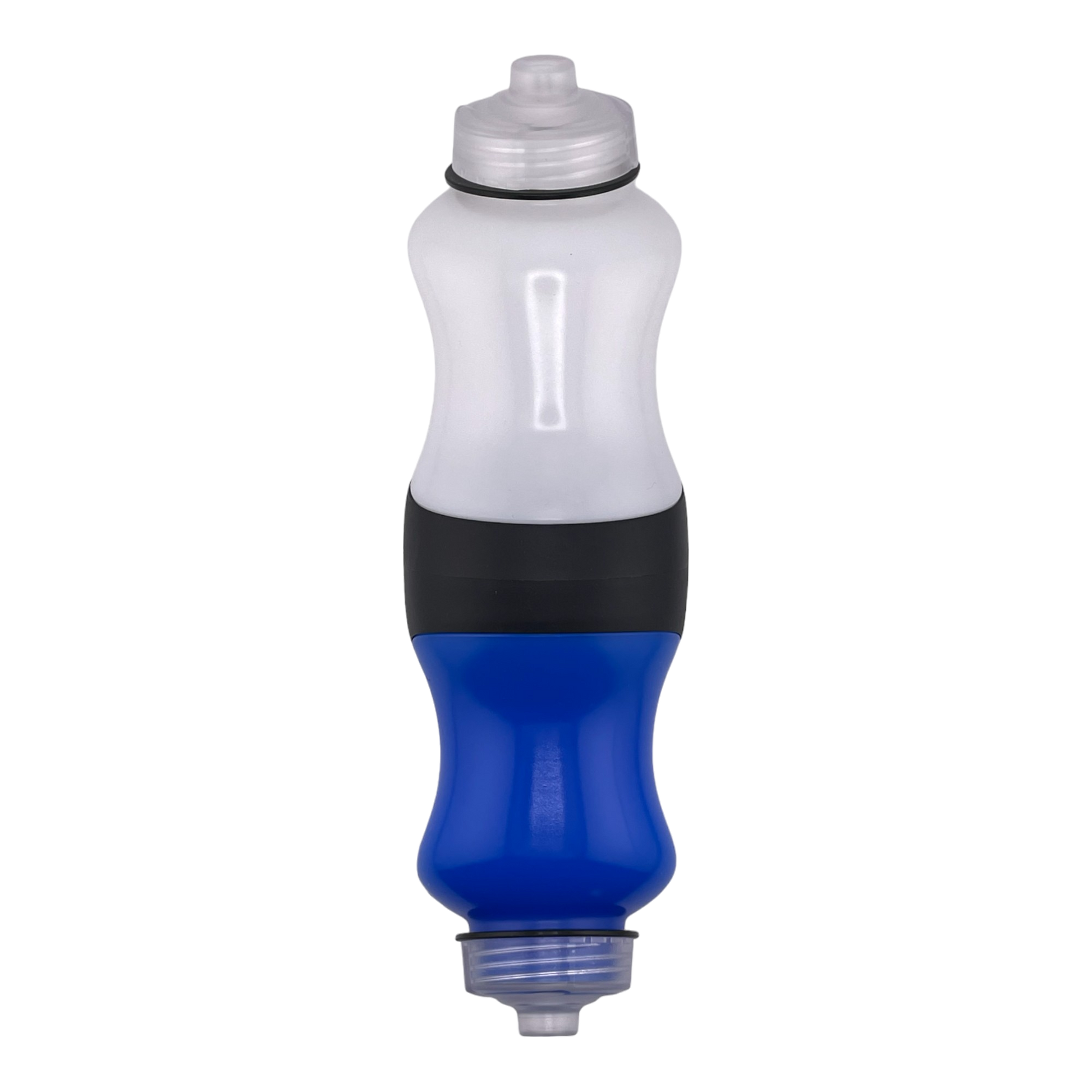 Blue and white bottle on a white background.