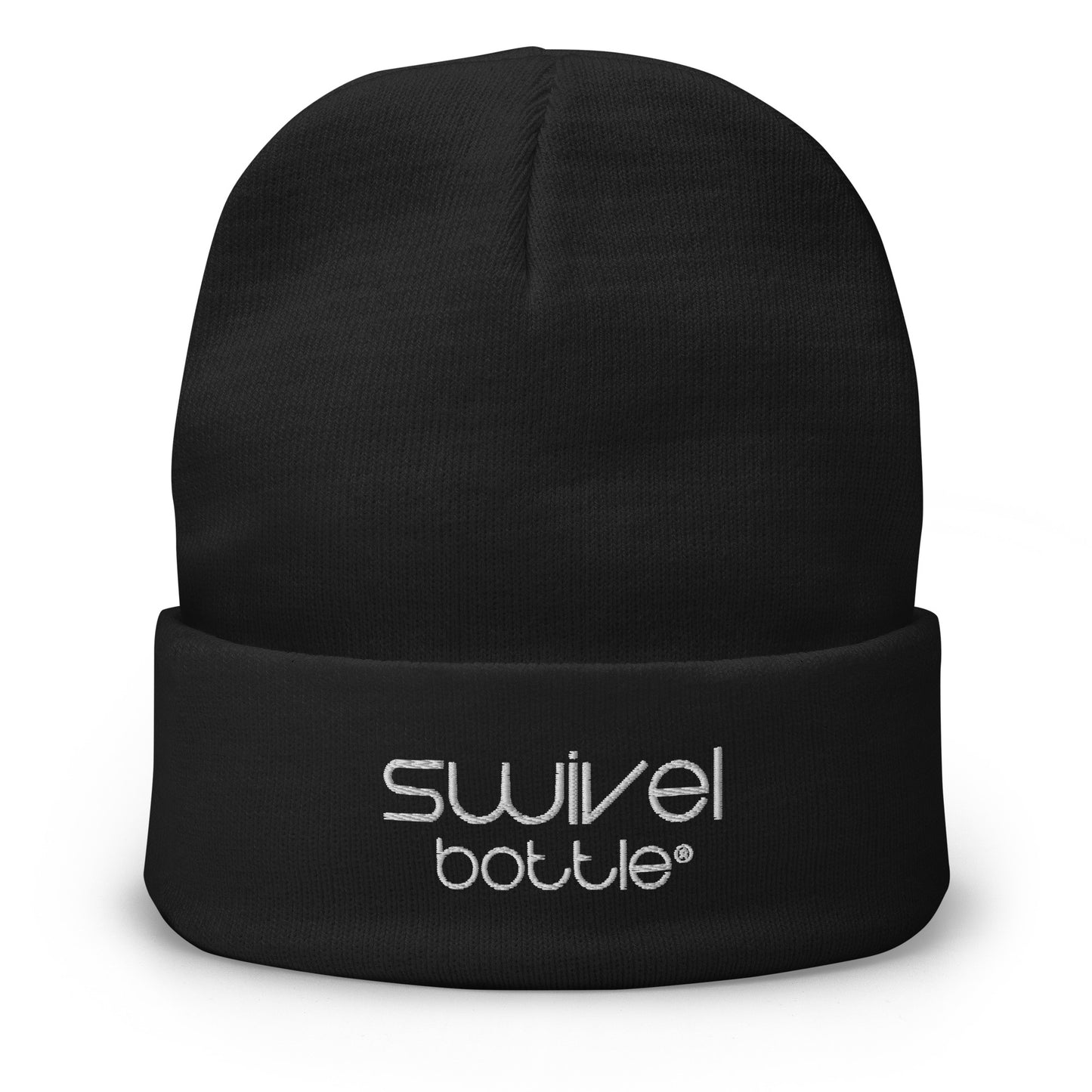 Black winter beanie featuring the Swivel Bottle text logo.
