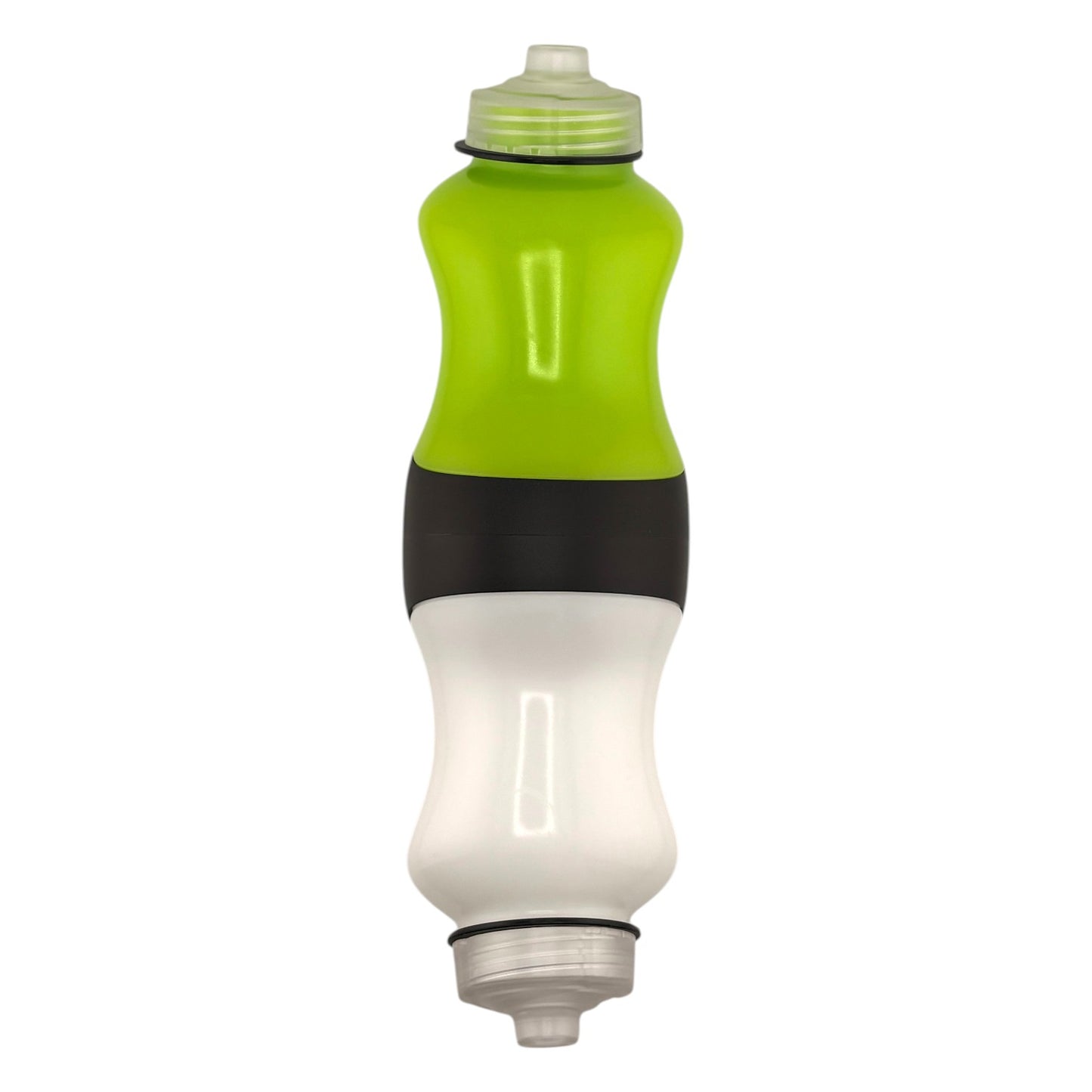 Green and white bottle on a white background.