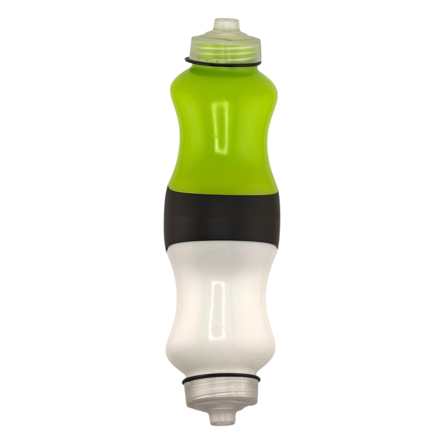 Green and white bottle on a white background.