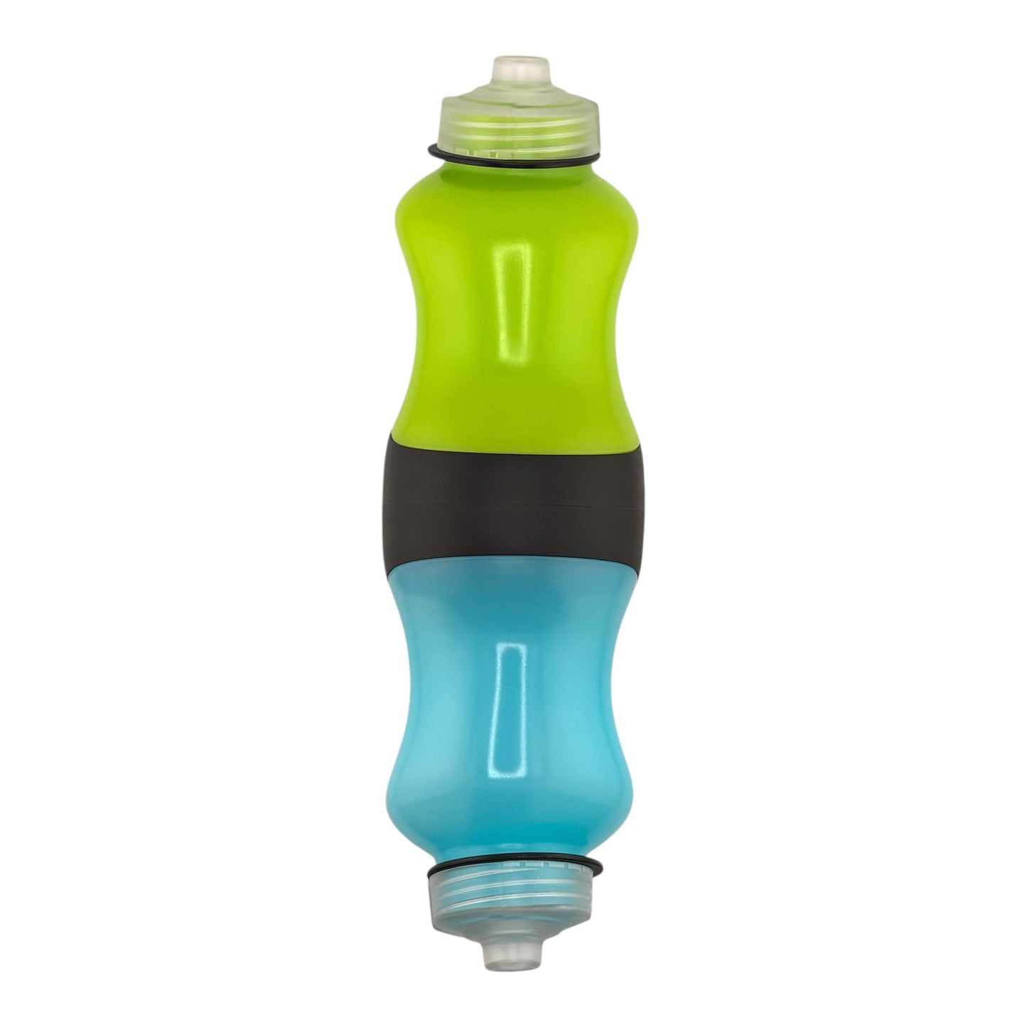 Two-toned green and blue water bottle on a white background