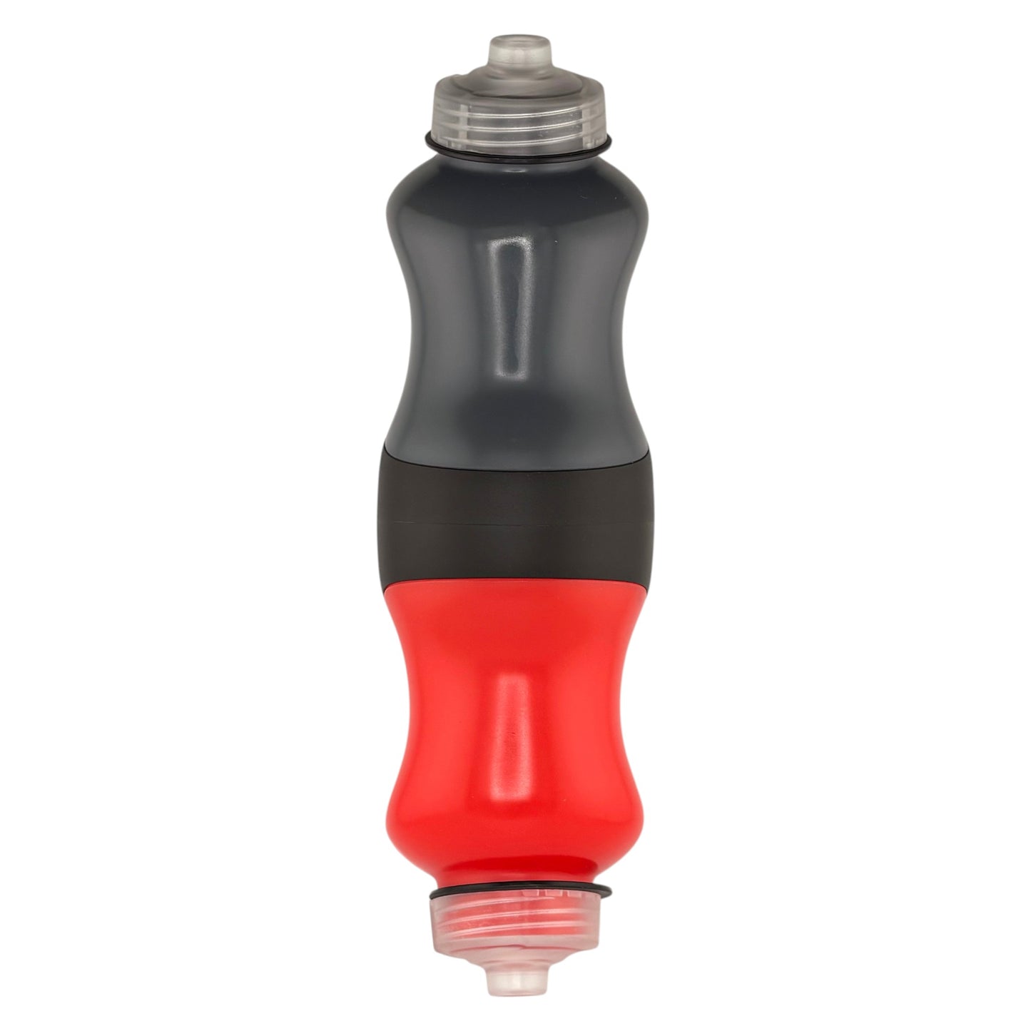 Red and grey bottle on a white background.