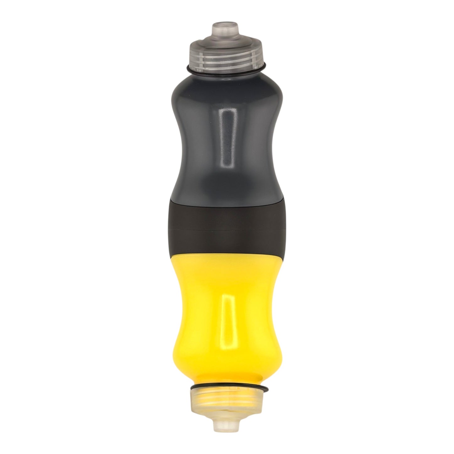 Yellow and grey bottle on a white background.