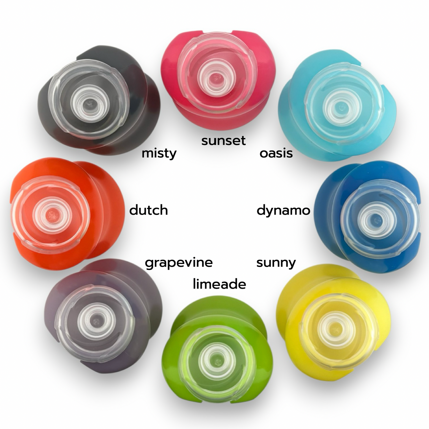 Top view of 8 colorful Swivel Bottle flasks with their color names.