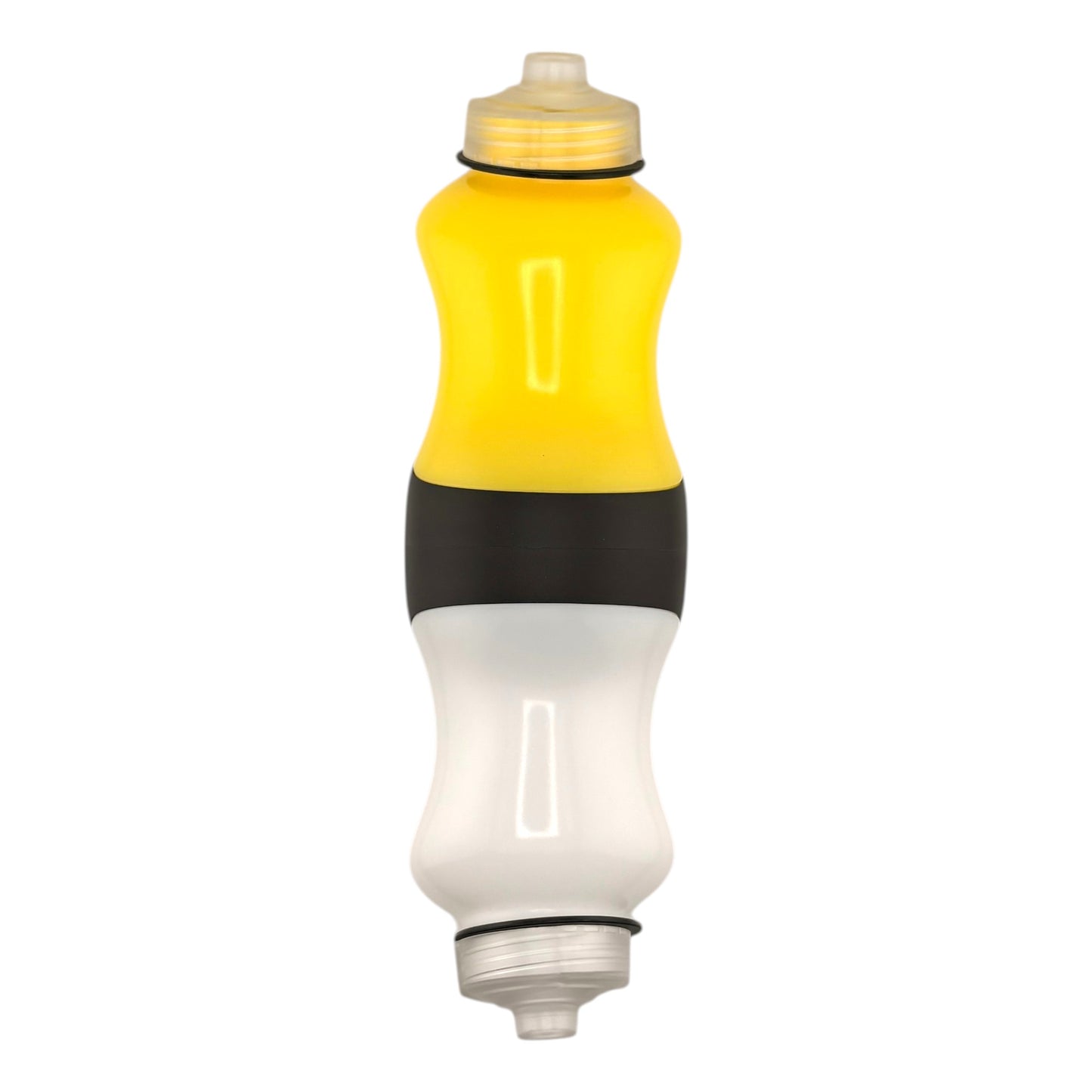 Yellow and white bottle on a white background.