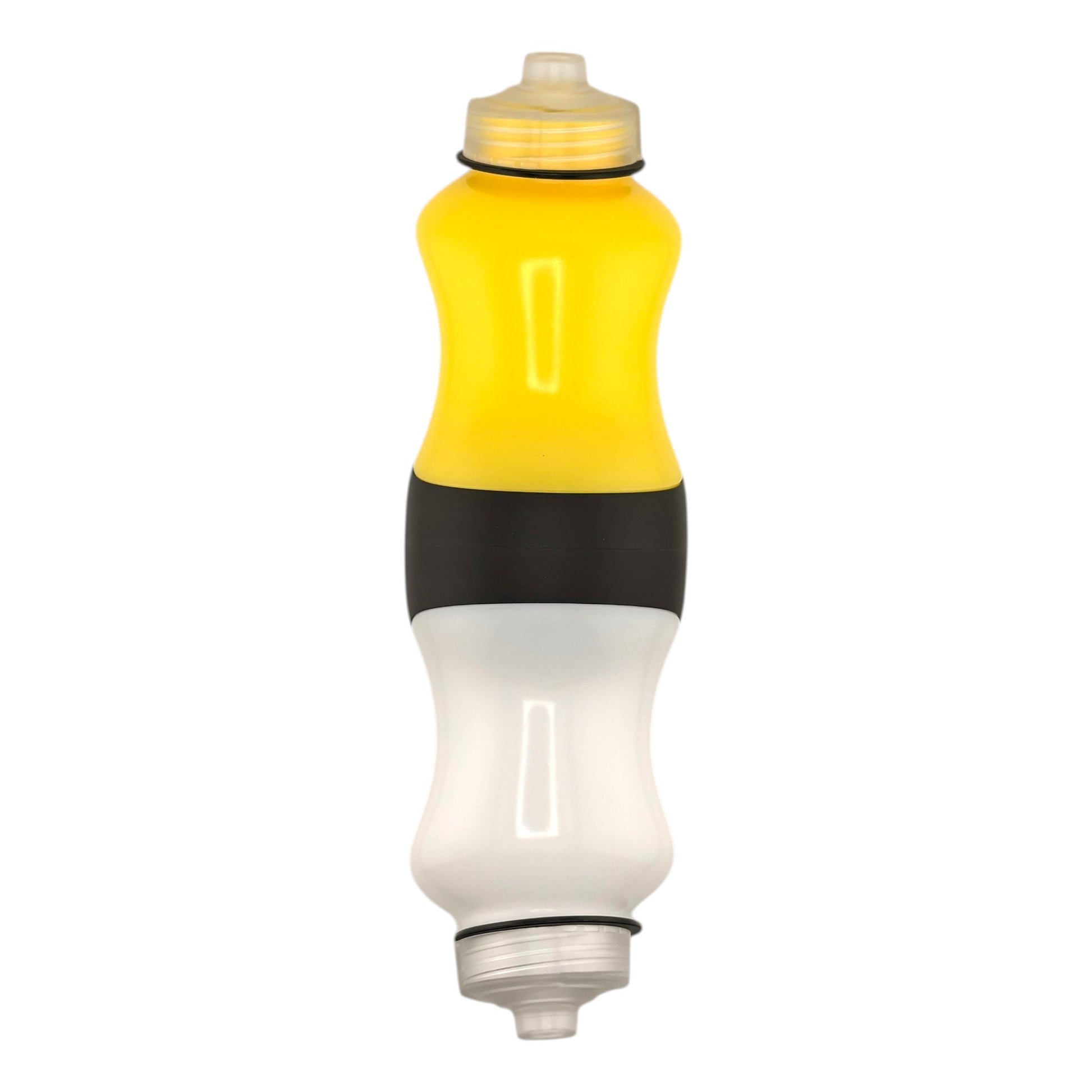 Yellow and white bottle on a white background.
