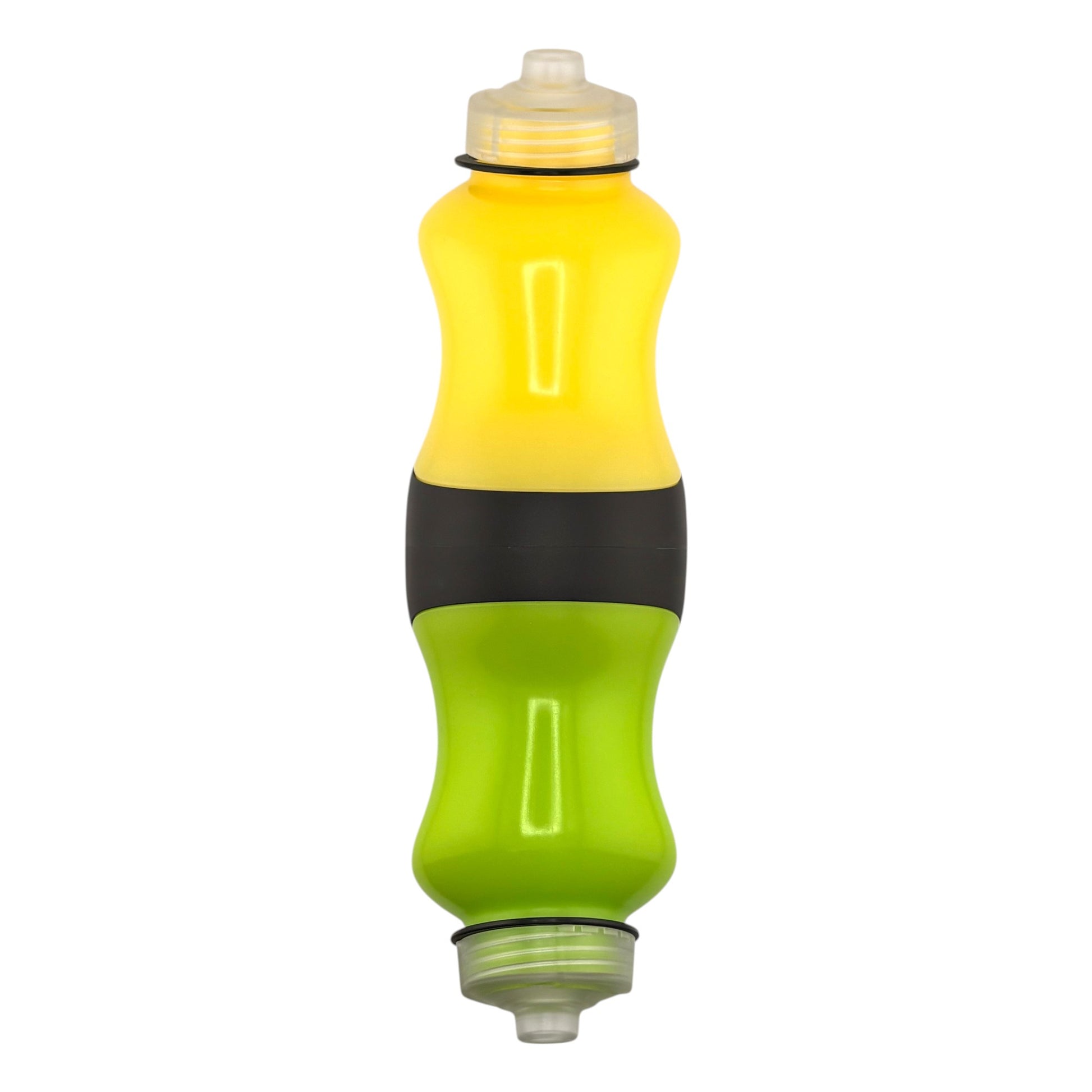Yellow and green bottle on a white background.