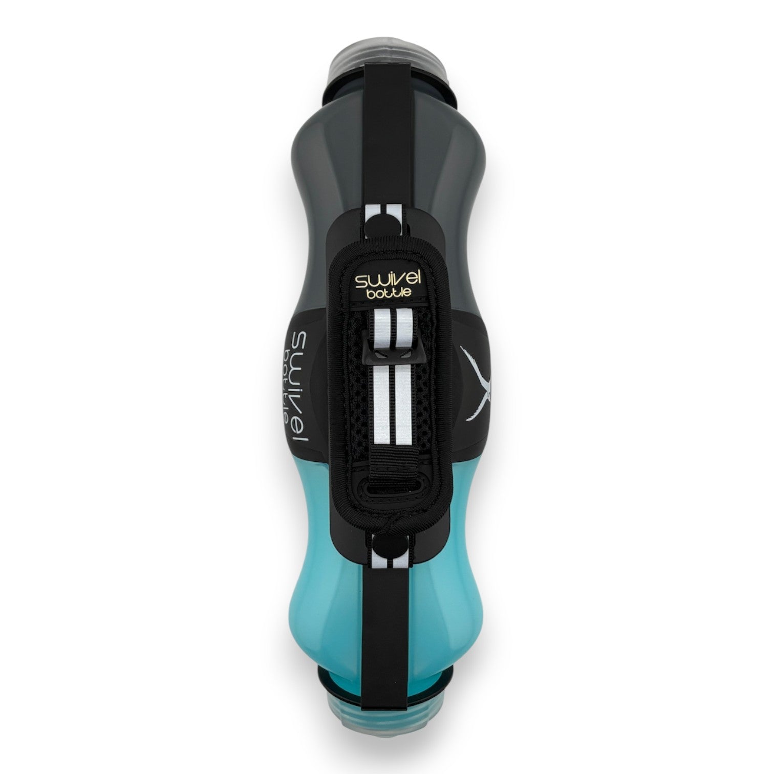 Water bottle with blue and grey exterior on a white background.