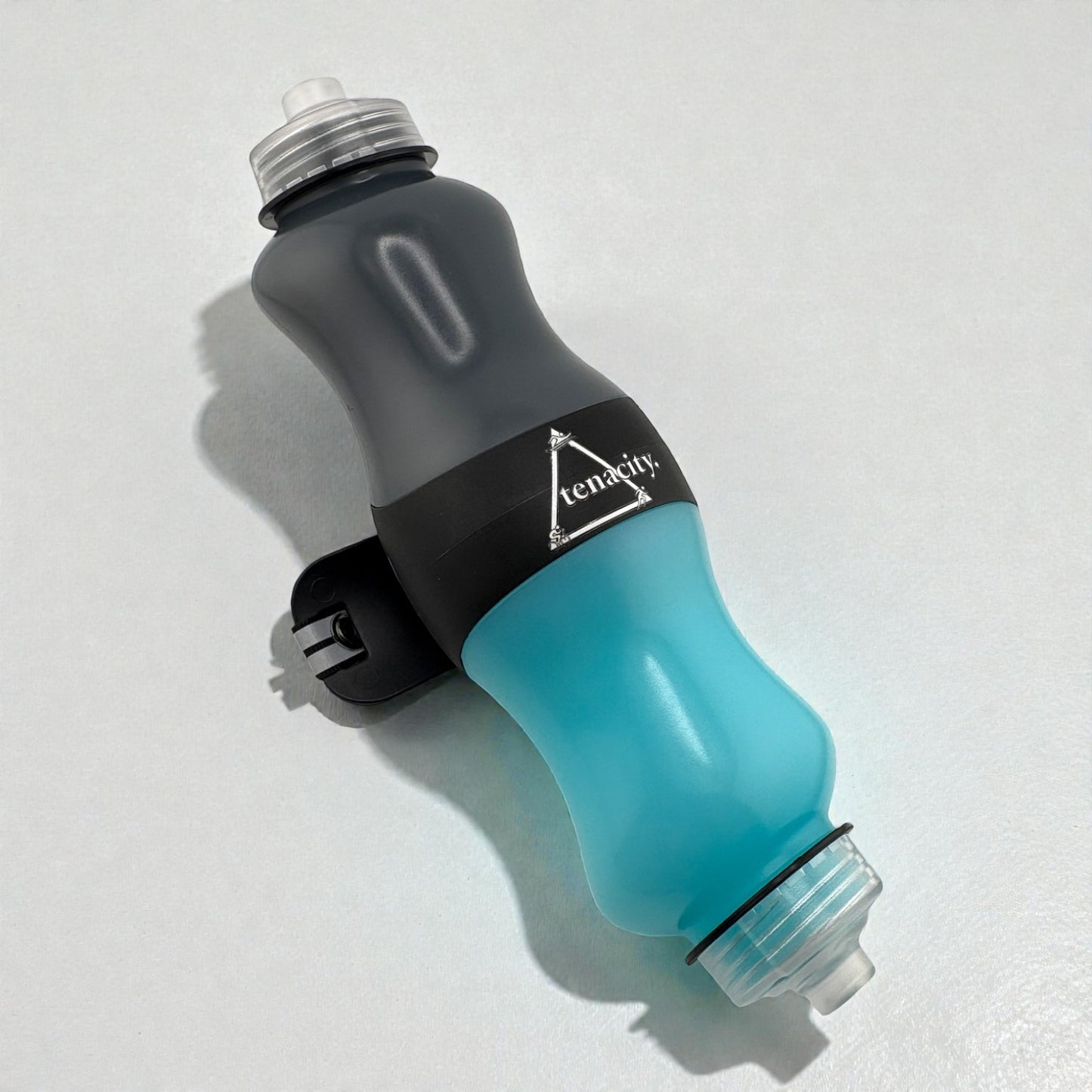 Water bottle with blue and grey exterior on a white background.