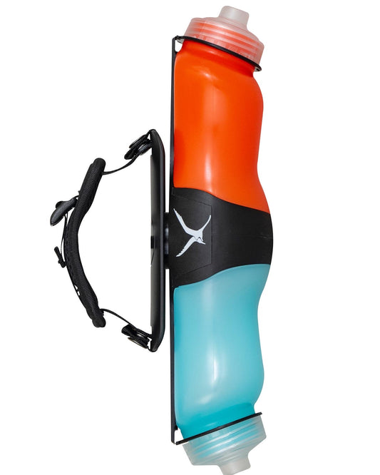 Side view of the Classic Swivel Bottle, showing its two connected flasks—one orange and one blue—secured in a central frame with a black carrying strap.