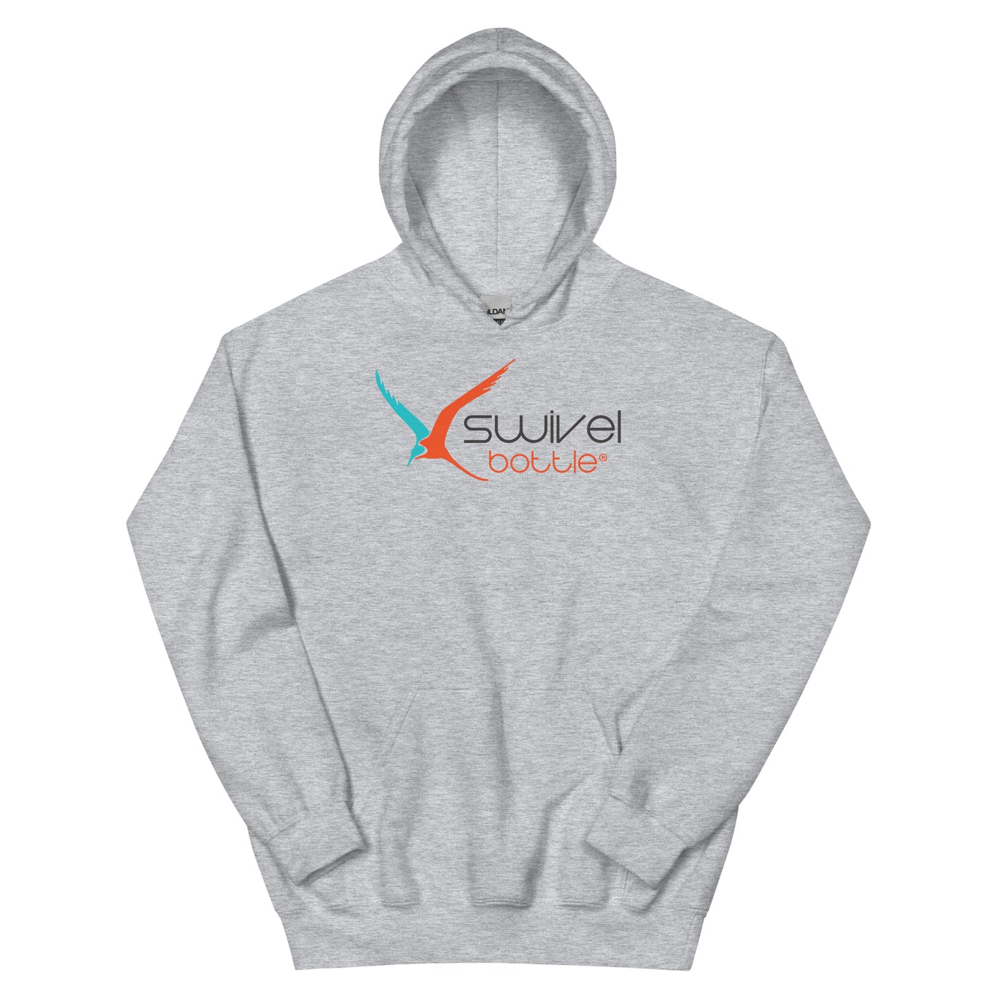 Swivel Bottle unisex hoodie in light gray, featuring the Swivel Bottle text and logo on the front.