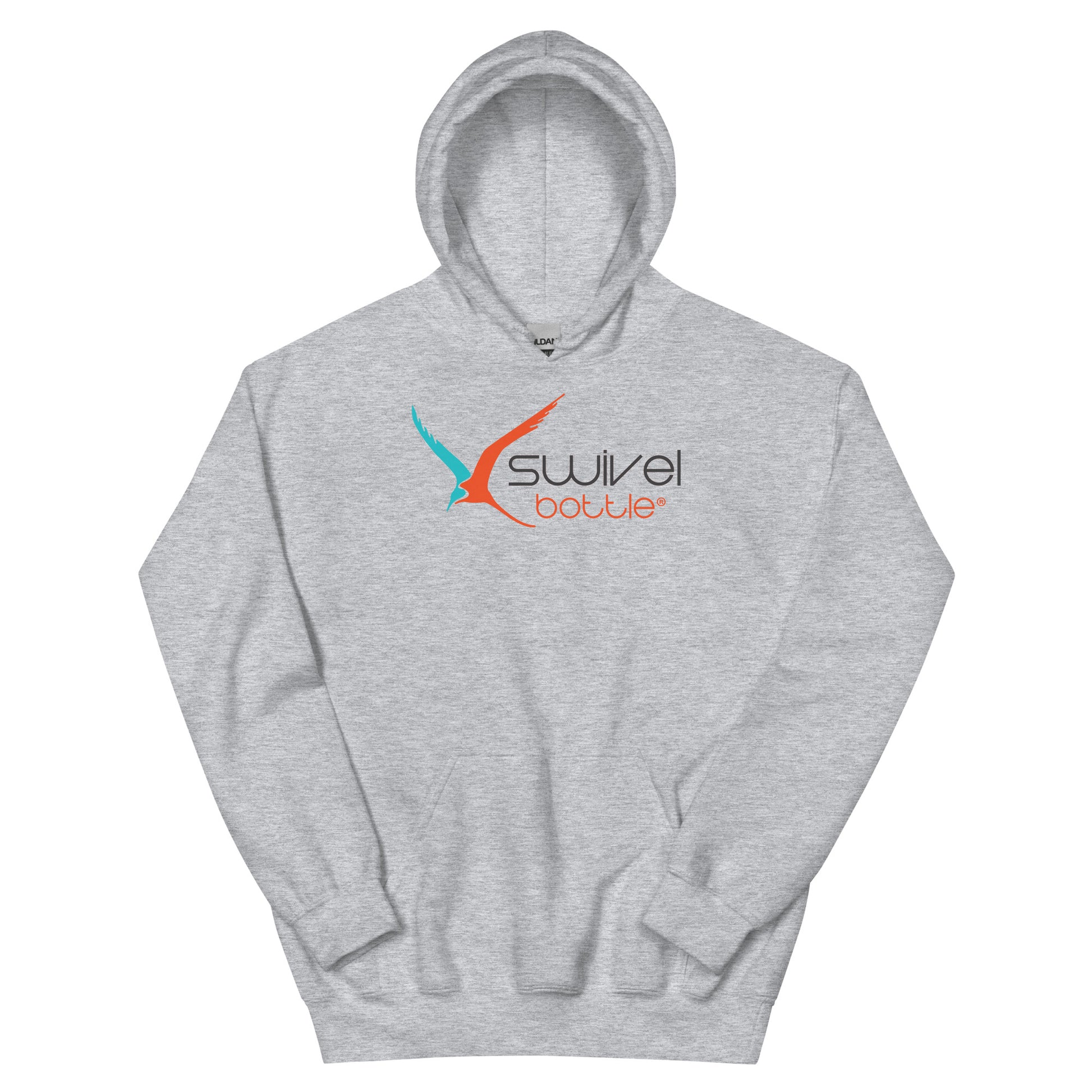 Swivel Bottle unisex hoodie in light gray, featuring the Swivel Bottle text and logo on the front.
