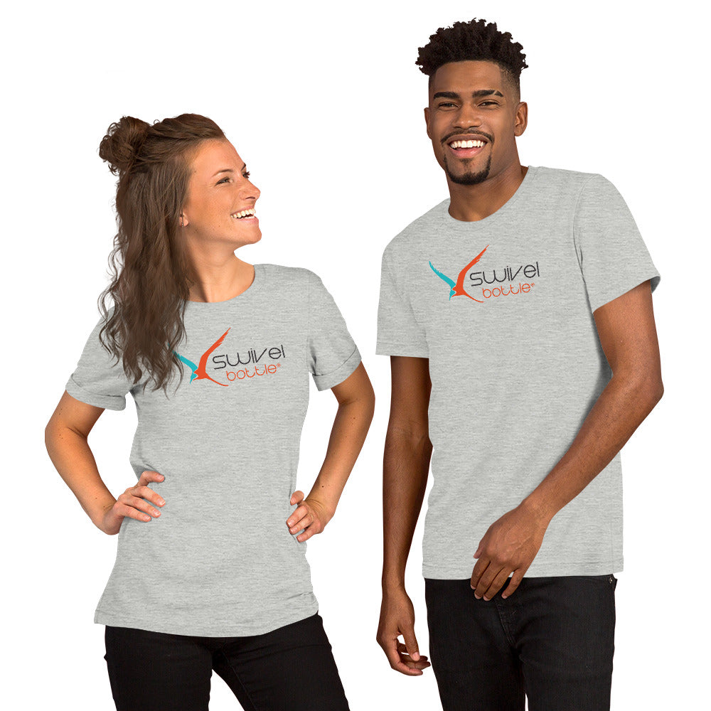 Man and woman both wearing the gray unisex t-shirt with the Swivel Bottle text and logo on the front.