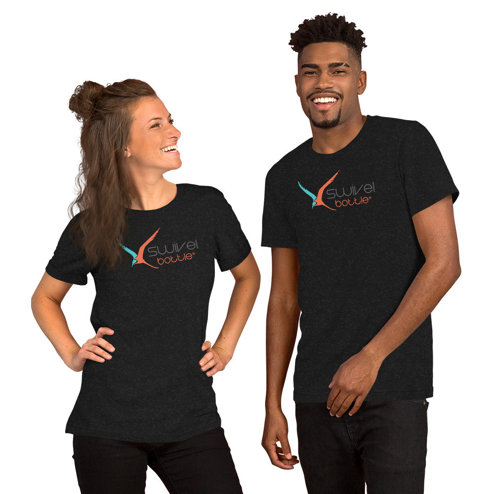 Man and woman both wearing the black unisex t-shirt with the Swivel Bottle text and logo on the front.