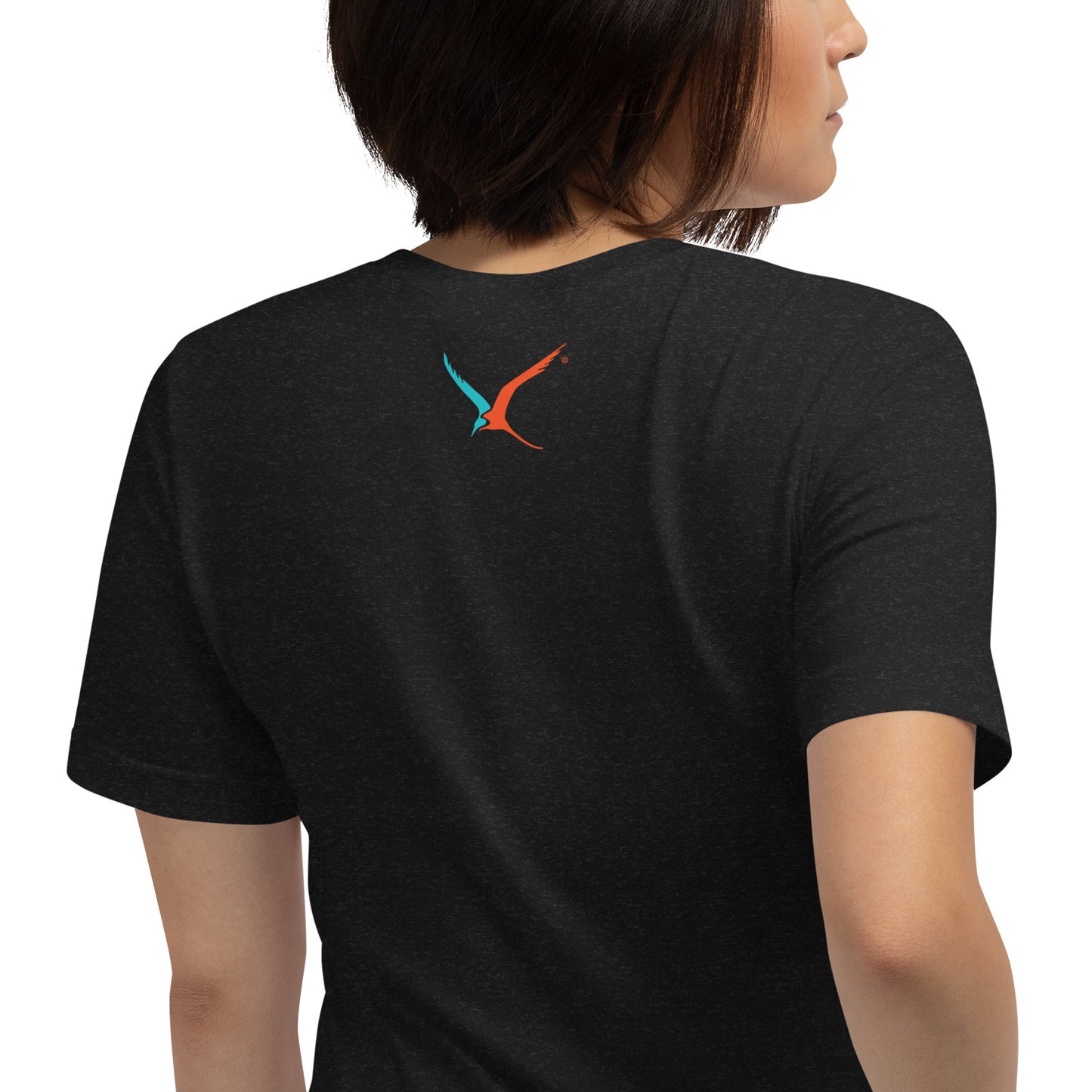 Rear view of a woman wearing the black unisex t-shirt with the Swivel Bottle logo on the back.